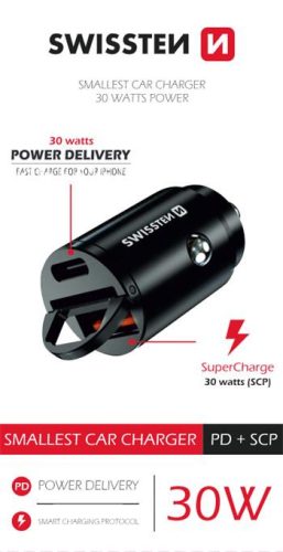 Swissten autós töltő adapter PowerDeliver USB-C + Super Charge 3.0, 30W, nano, fekete