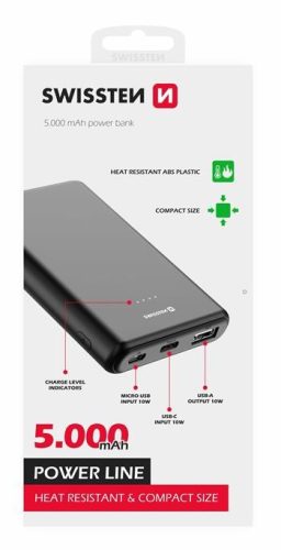 Swissten 5000 mAh power bank, Power Line, 10W, fekete