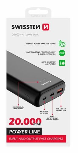 Swissten 20000 mAh power bank, Power Line, Power Delivery, 20W, fekete