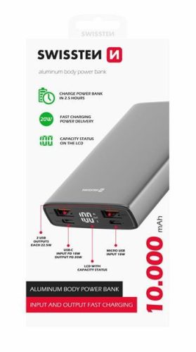 Swissten aluminium power bank, 10000 mAh, 20W, Power Delivery, szürke