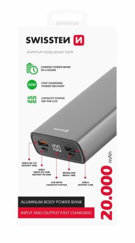 Swissten aluminium power bank, 20000 mAh, 20W, Power Delivery, szürke