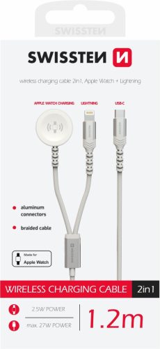 Swissten 2in1 vezeték nélküli töltő, Apple Watch & lightning kábel, USB-C, 1,2m, fehér