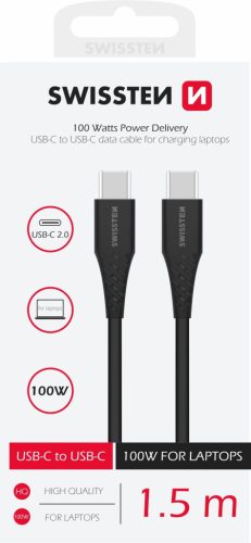 Swissten adat- és töltőkábel, TPE, USB-C/USB-C PowerDelivery 5A (100W), 1,5 m, fekete