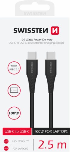 Swissten adat- és töltőkábel, TPE, USB-C/USB-C PowerDelivery 5A (100W), 2,5 m, fekete