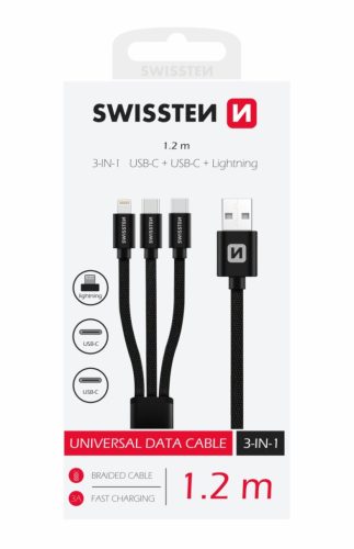 Swissten 3in1 univerzális adat- és töltőkábel textil bevonattal (1xlightning, 2xType-C) 1,2 m, fekete